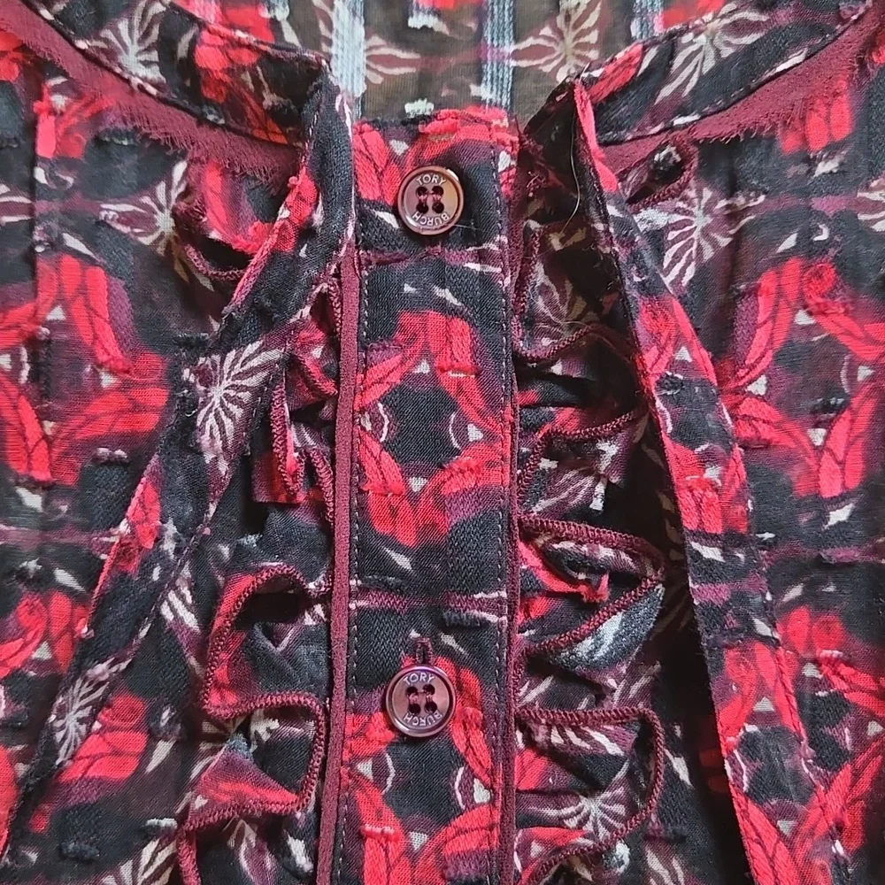 Tory Burch Libby geometric ruffle tie-neck silk blend sleeveless buttondown top